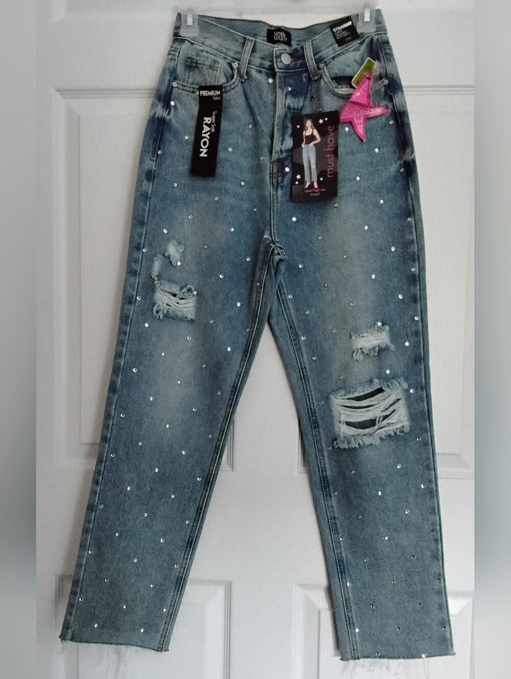 Simple Society Bejeweled Light Blue Distressed Jeans - Women